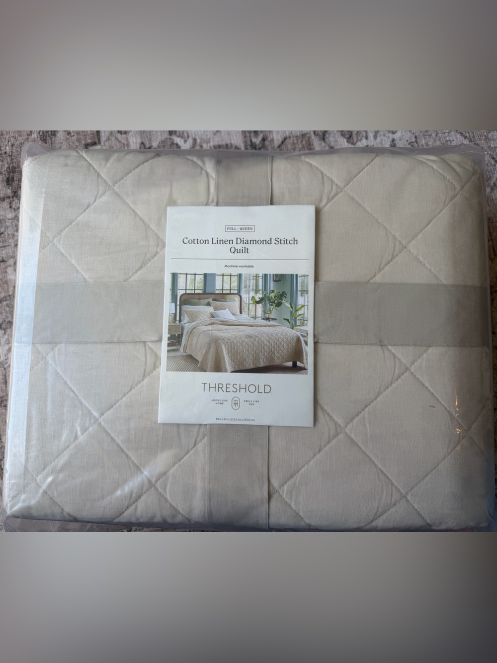 NWT Threshold Cotton Linen Diamond Stitch Quilt Full/Queen Natural Ivory